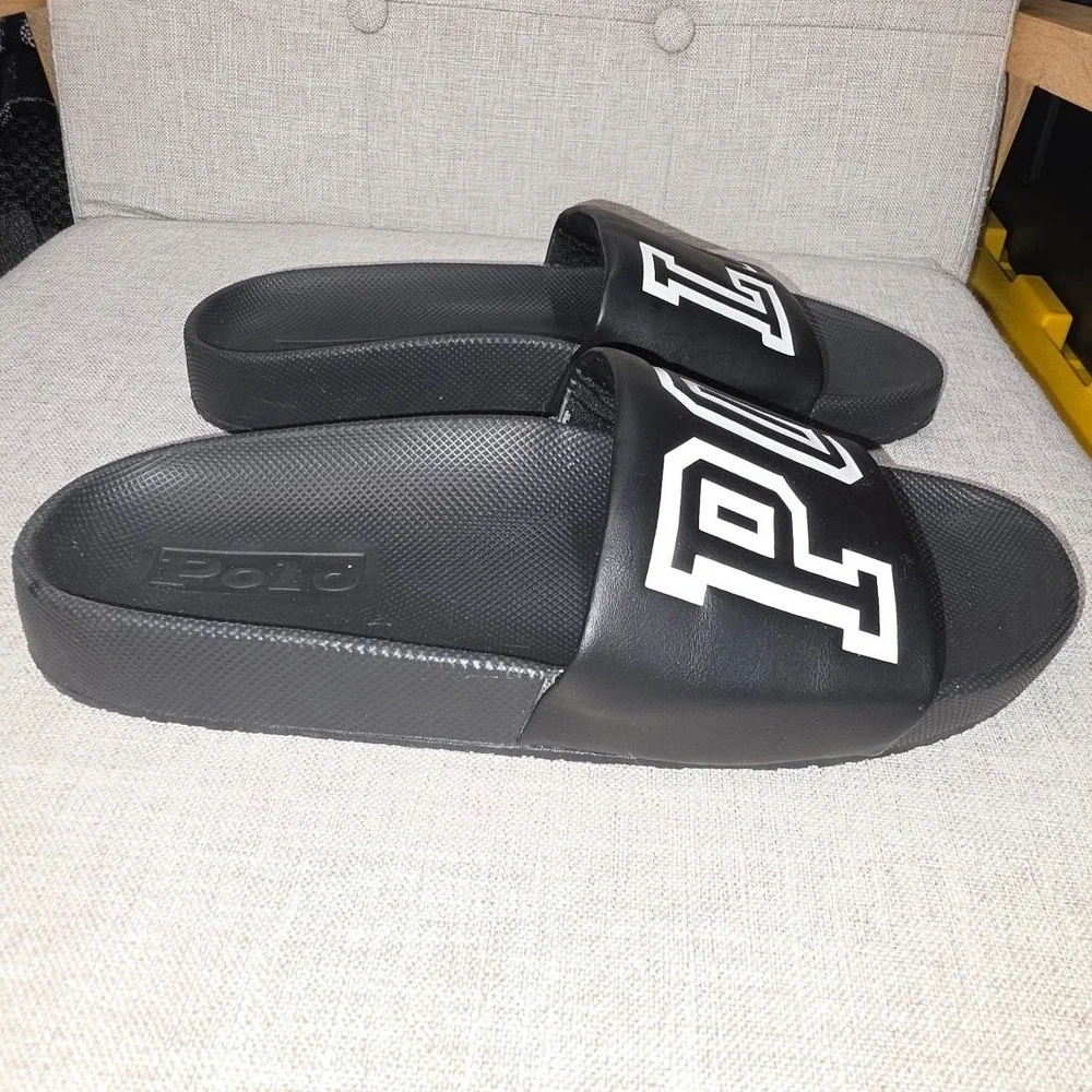 Polo Ralph Lauren Cayson Mens Slides Black White Logo Sandals Size 13 01087-D21